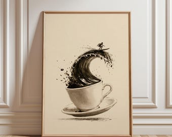 Coffee Wall Art Print, Surfer Riding Coffee Wave, Coastal Kitchen Poster