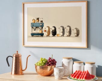 Hedgehog Coffee Print, Cute Kitchen Wall Art, Coffee Bar Decor, Landscape Coffee Poster