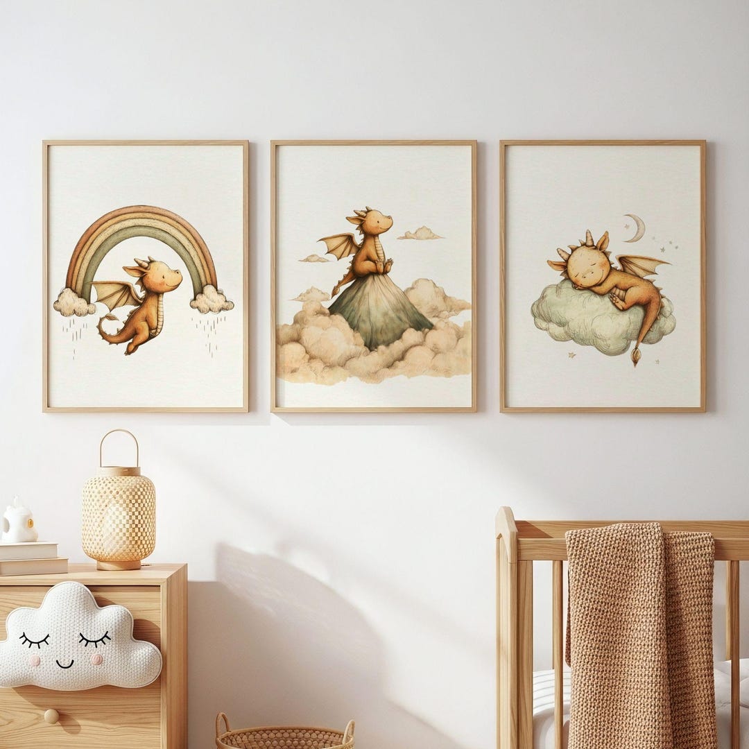 Whimsical Baby Dragon Nursery Wall Art Set, Fantasy Prints, Kids Room ...
