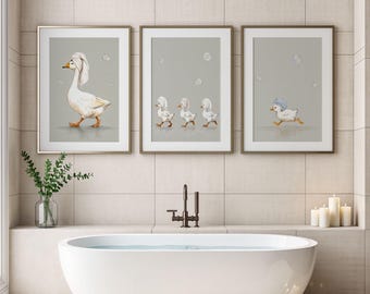 Goose Bathroom Wall Art Set of 3 | Farmhouse Bath Decor | Whimsical Geese Bathroom Prints | Spa Wall Art