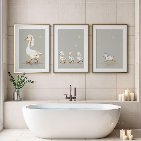 Goose Bathroom Wall Art Set of 3 | Farmhouse Bath Decor | Whimsical Geese Bathroom Prints | Spa Wall Art