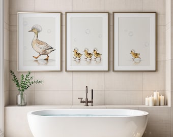 Duck Bathroom Wall Art Set of 3 | Farm Animal Bath Decor | Cottagecore Kids Bathroom Prints