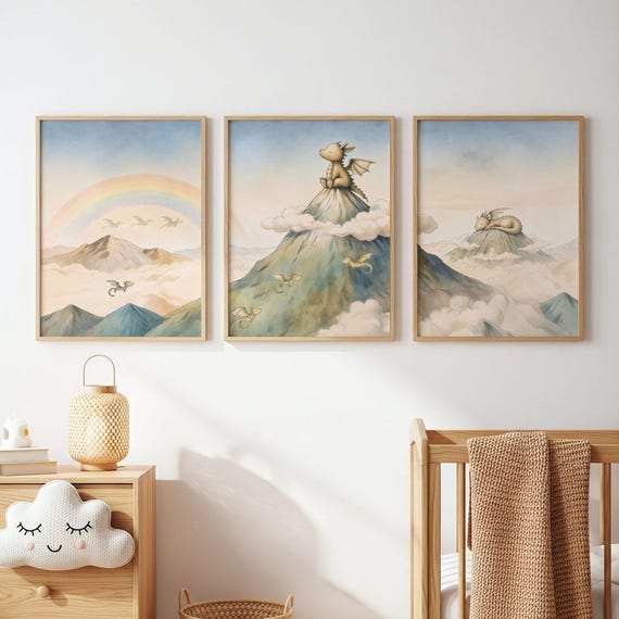 Dragon Mountain Nursery Wall Art Set, Fantasy Nursery Decor, Storybook Dragon Prints, Set of 3