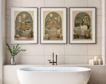 Japanese Bathroom Wall Art Set of 3, Zen Spa Decor, Japandi Bathroom Art, Animal Bath Prints, Capybara Macaque Crane Prints