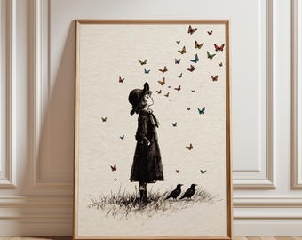Butterfly Wall Art, Vintage Girl Print, Dark Academia Decor, Whimsical Storybook Sketch