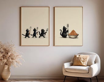 Black Cat Kitchen Wall Art Set, Funny Pasta Food Poster, Dining Art Prints