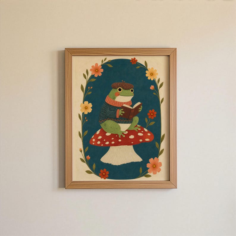 May include: A framed wall art print featuring a green frog wearing a brown acorn hat and a blue sweater, sitting on a red and white spotted mushroom while reading an open book. The illustration is set against a dark blue oval background.