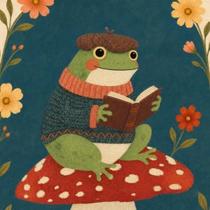 May include: A green frog wearing a brown knit beret and a dark blue sweater with a red collar sits on a large red mushroom with white spots. The frog is holding an open brown book. The scene is framed by orange and yellow flowers on a blue background.