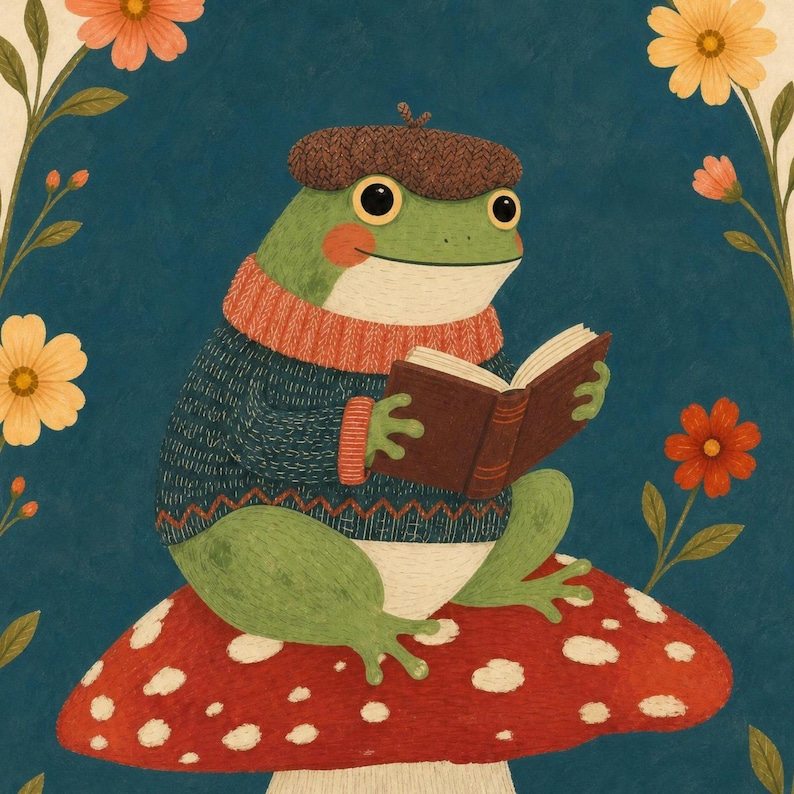 May include: A green frog wearing a brown knit beret and a dark blue sweater with a red collar sits on a large red mushroom with white spots. The frog is holding an open brown book. The scene is framed by orange and yellow flowers on a blue background.
