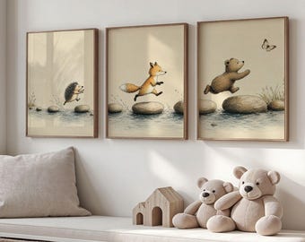 Woodland Nursery Wall Art Set, Forest Animal Prints, Whimsical Playroom Triptych, Storybook Adventure Decor