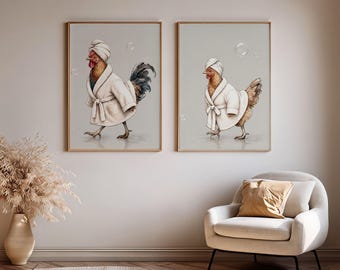Farmhouse Bathroom Prints, Rooster and Hen Couple Wall Art, Rustic Country Bathroom Decor