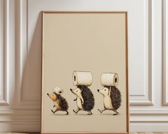 Funny Bathroom Wall Art, Vintage Hedgehog Toilet Print, Kids Bathroom Art, Cottagecore Restroom Art