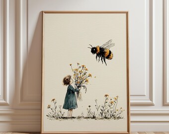 Vintage Bee and Wildflower Art Print, Cottagecore Girl and Bumblebee Wall Decor, Whimsical Nature Poster