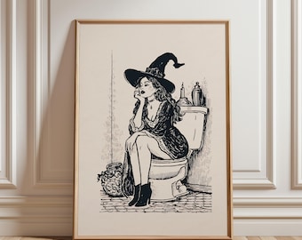 Whimsigoth Witch Bathroom Wall Art, Funny Gothic Bathroom Decor, Vintage Sketch Print