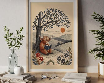 Highland Cow Reading Wall Art, Book Lover Gift, Cottagecore Reading Nook Decor, Linocut Print