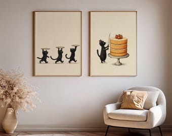Black Cat Cake Prints Set of 2, Funny Kitchen Food Posters, Baking Wall Art