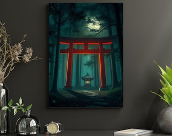 Arte murale del cancello Torii / Poster della foresta giapponese / Stampa del santuario al chiaro di luna / Decorazioni giapponesi / Download digitale /