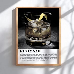 Svartvit poster med rostiga naglar | Minimalistisk cocktailväggkonst | Modern bardekor | Klassisk drinktryck | Väggkonst för kök