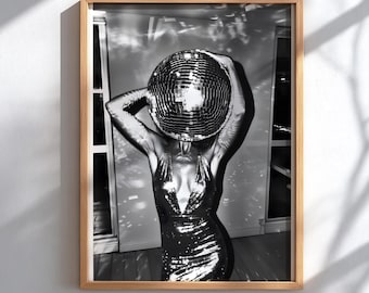 Surreal Disco Ball Woman Art Print, Black and White Retro Sequin Poster