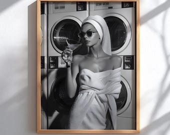 Vintage Laundromat Fashion Print, Black and White Martini Starlet Poster