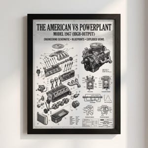 May include: A framed print titled THE AMERICAN V8 POWERPLANT MODEL 1967 (HIGH-OUTPUT) featuring a detailed engineering schematic, exploded views of engine components, and technical diagrams on a light grey grid background with black text.