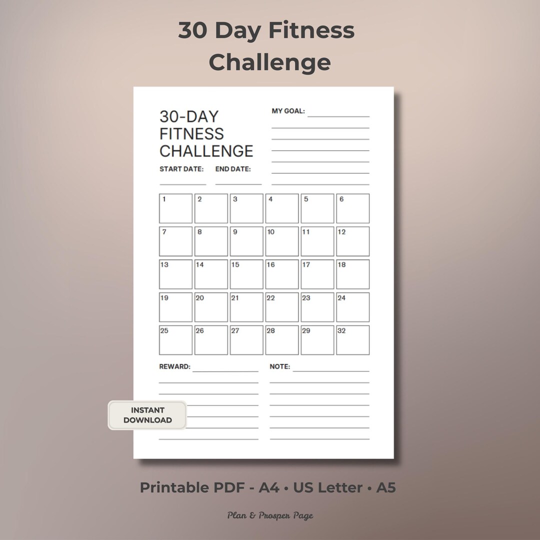 30 Day Fitness Challenge Printable, Habit Tracker (A4/A5/US Letter PDF ...
