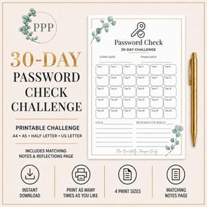 May include: A 30-day password check challenge printable planner sheet with a gold pen. The document features a grid for 30 days, a key icon, eucalyptus leaf illustrations, and text including "30-DAY PASSWORD CHECK CHALLENGE" and "GOAL".