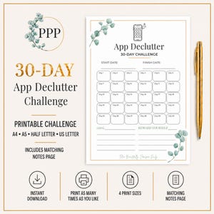 Reto de 30 días para organizar tus aplicaciones (imprimible) / Rastreador digital de organización / PDF para organizar tu teléfono