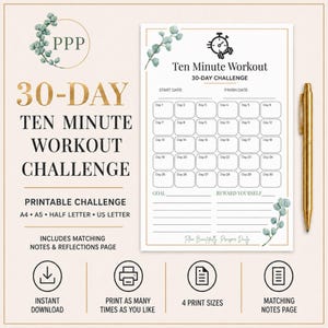 Könnte beinhalten: Ein ausdruckbares 30-Tage-Zehn-Minuten-Workout-Challenge-Planerblatt mit einem goldenen Stift. Das Dokument enthält ein Kalenderraster für 30 Tage, einen Zielbereich und einen Belohnungsbereich, verziert mit Eukalyptuszweigen und einem Stoppuhr-Symbol.