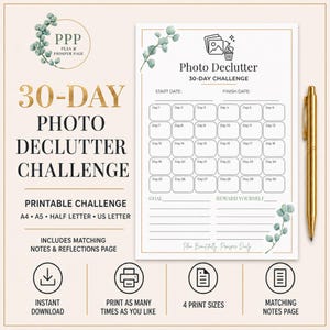 May include: A 30-day photo declutter challenge printable planner page featuring a grid for daily tasks, a goal section, and a reward section. The document includes eucalyptus leaf illustrations, a gold pen, and text labels for A4, A5, half letter, and US letter sizes.