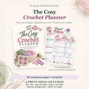 May include: A digital crochet planner titled The Cosy Crochet Planner, featuring a cover with yarn balls, a crochet square, and hooks. Includes internal pages for project and gift planning, with text detailing 38 pages and 4 print sizes.