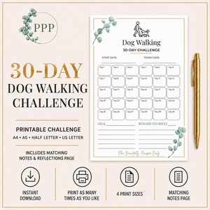 Op de afbeelding: Een printbaar 30-dagen hondenuitlaat-uitdagingsblad met een gouden rand, eucalyptusbladaccenten en een gouden pen. Het document bevat een raster voor 30 dagen, secties voor start- en einddata, een doel en een beloningsregel voor jezelf.