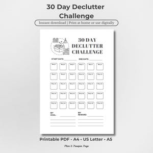 Könnte beinhalten: Ein druckbares Entrümpelungs-Challenge-Blatt mit dem Text "30 Day Declutter Challenge". Das Blatt enthält Felder für Start- und Enddaten, tägliche Kästchen und Ziel-/Belohnungsabschnitte. Es ist in A4, US Letter und A5 erhältlich.