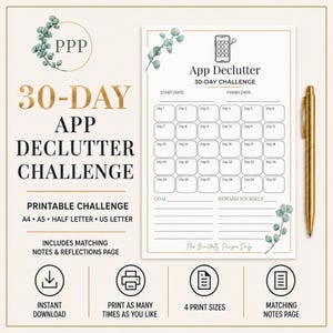 Può includere: Una pagina di pianificazione stampabile per una sfida di 30 giorni di decluttering delle app con una griglia di monitoraggio, una sezione per gli obiettivi e una per le ricompense. Il design presenta foglie di eucalipto, bordi dorati e una penna.