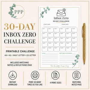 Pode incluir: Uma folha de planeamento imprimível para o desafio de 30 dias Inbox Zero com borda dourada, detalhes de folhas de eucalipto e uma caneta dourada. O documento inclui uma grelha de 30 dias, secções para datas, metas e recompensas.
