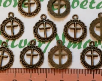 24 pcs per pack of 16mm Small Cut out Cross Coin Charm Antique Bronze or Silver Lead free Pewter