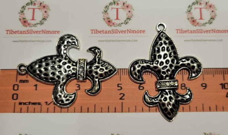 2 pcs per pack 34x48mm Large Fleur De Lis with Clear Rhinestones Pendant Antique Silver Finish Lead Free Pewter image 3