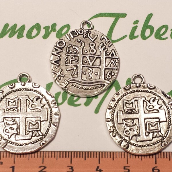 6 pcs per pack 30mm Reversible Round solids Spanish Colonial Coin Charm Antique Silver Lead free Pewter