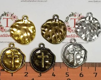 10 pcs per pack 20x17mm One side hammered Cross Coin Charm in antique Silver, Gold or Bronze lead free Pewter