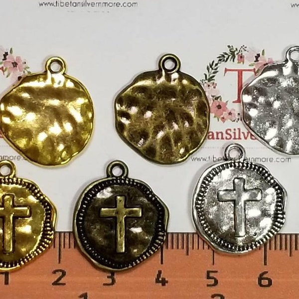 10 pcs per pack 20x17mm One side hammered Cross Coin Charm in antique Silver, Gold or Bronze lead free Pewter
