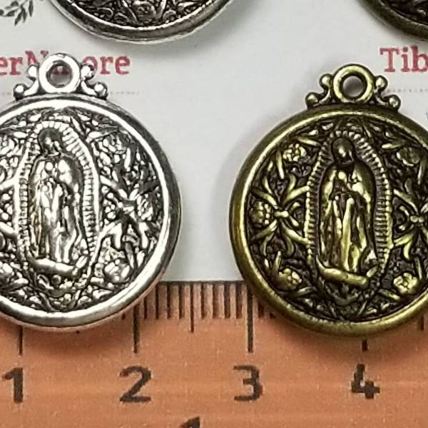 3 pcs per pack 21mm 8mm thickness solids Reversible Lady Guadalupe Medallion Antique Silver or Bronze lead free Pewter