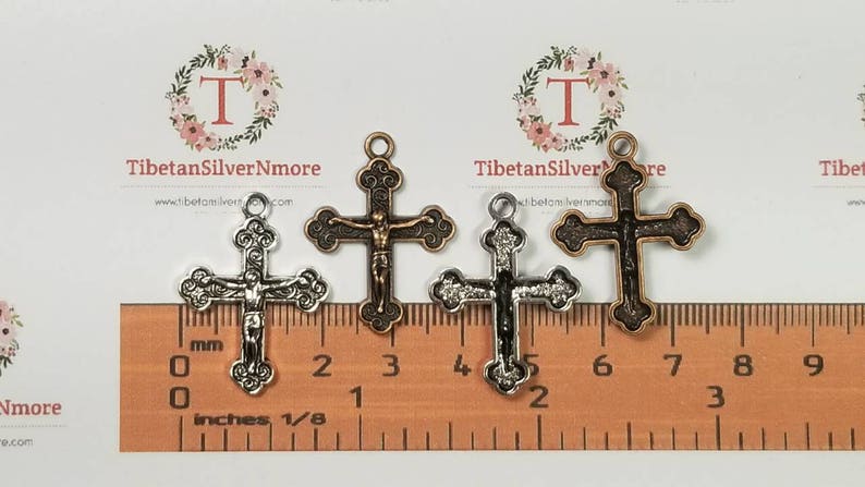 12 pcs per pack 28x21mm One side Crucifix Charm Antique Silver or Copper Finish Lead Free Pewter image 3