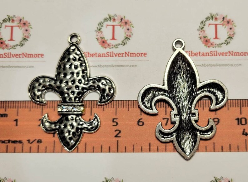 2 pcs per pack 34x48mm Large Fleur De Lis with Clear Rhinestones Pendant Antique Silver Finish Lead Free Pewter image 4