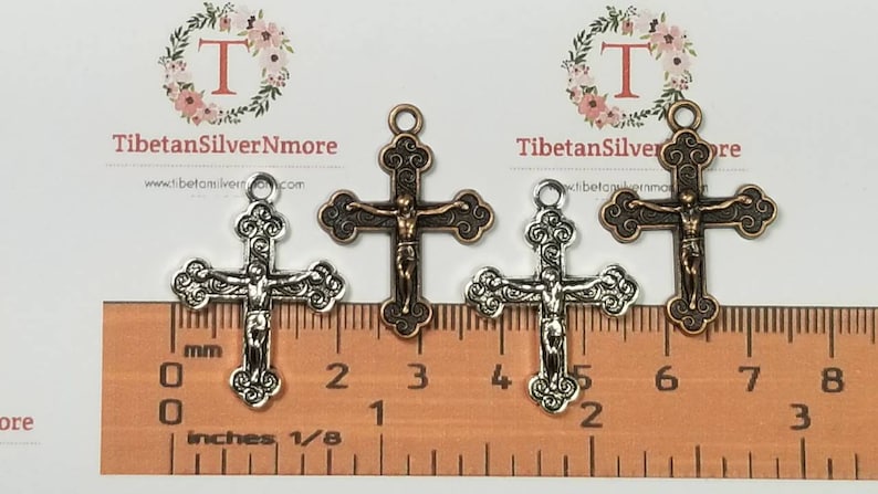 12 pcs per pack 28x21mm One side Crucifix Charm Antique Silver or Copper Finish Lead Free Pewter image 1