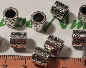 14 pcs per pack 8mm Decorated Tube 5mm Large Hole Beads Antique Silver Lead Free Pewter