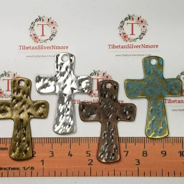 4 pcs per pack 44x30mm top drilled Hammered Cross Pendant color to choose Lead Free Pewter