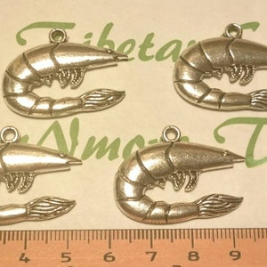 4 pcs a pack 35x24mm Solid reversible Shrimps Pendant Antique Silver Lead Free Pewter.
