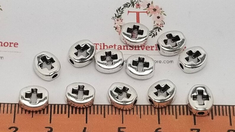 30 pcs per pack 8x7mm 3mm thickness Reversible Cutout Oval Cross Bead in Silver tone Lead free Pewter image 1