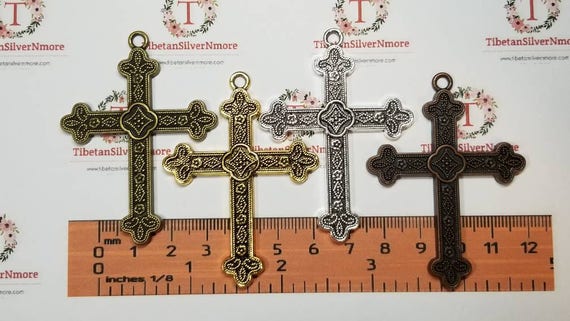 4 pcs per pack 60x44mm Fancy Cross Pendant with Fleur de Lis end in color to choose Lead Free Pewter
