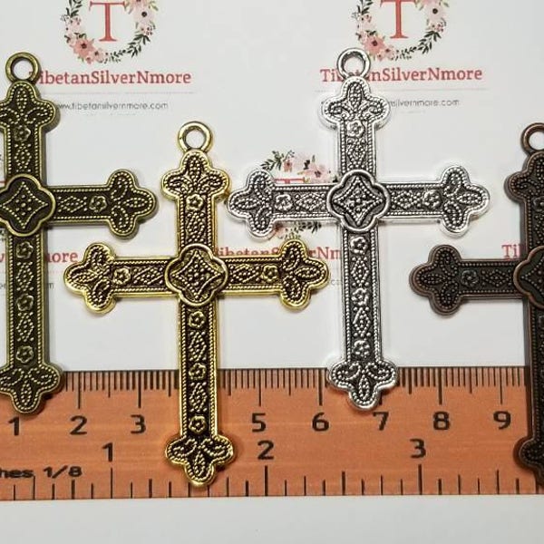 4 pcs per pack 60x44mm Fancy Cross Pendant with Fleur de Lis end in color to choose Lead Free Pewter